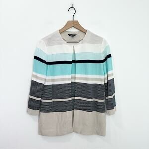 Misook Open Front Stripe Knit Cardigan Blue Cream size small